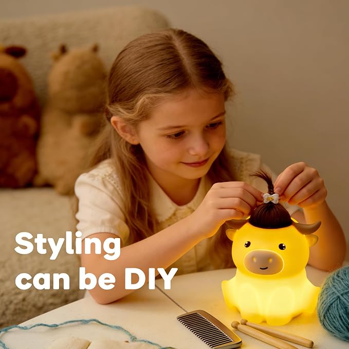 Cute Highland Cow Night Light, LED Squishy Night Lamp, 2 Levels Dimmable Timer Nursery Nightlight for Kids, Rechargeable Touch Lamp, Dorm Decor, Kids Funny Gifts (Highland Cow)