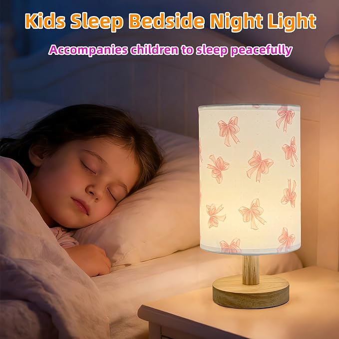Pink Bow Bedside Table Lamp for Bedroom,Kids Room Decorative Lights 3 Colors Dimmable Nightstand Night Light with Flaxen Fabric Shade Desk Lamp for Girls Boys Birthday Gifts for Home Living room Decor
