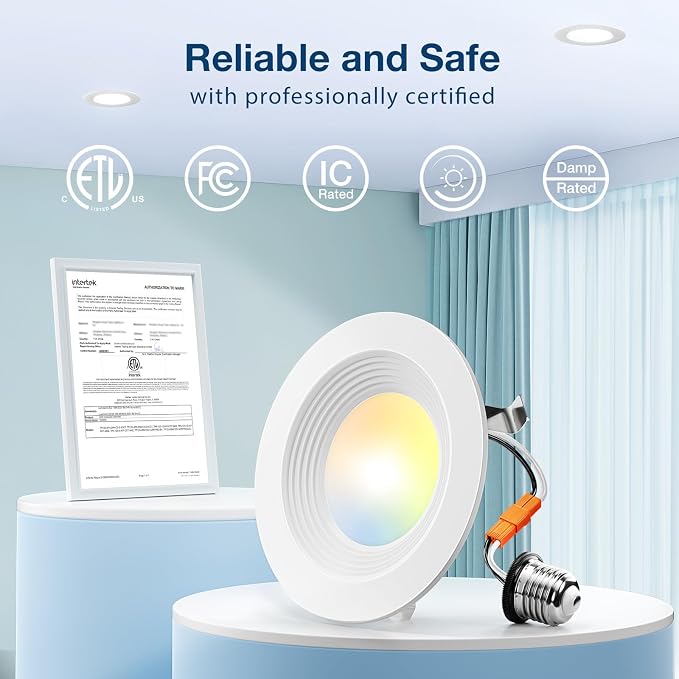 Amico 24 Pack 4 inch 5CCT LED Recessed Lighting, Retrofit Can Lights, White | Baffle Trim, Dimmable, 8.5W=60W, 650LM, 2700K/3000K/4000K/5000K/6000K Selectable, Easy Install, IC & Damp Rated, ETL & FCC