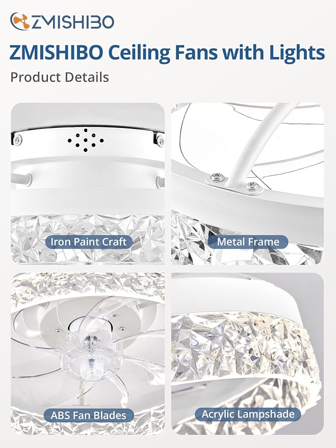 ZMISHIBO 15.7 Inch Ceiling Fan with Light, Flush Mount Remote & App Control | 3CCT Dimmable LED, DC Motor, Bladeless, Reversible Blade, 6 Speeds, Modern, Low Profile, Enclosed, Bedroom, Kids, Girl, Adult