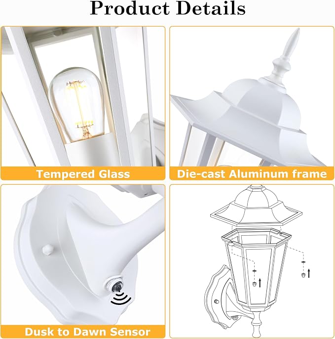 GRUENLICH Outdoor Wall Light Fixture, Rustproof Aluminum, Glass | Dusk to Dawn Exterior Porch Light Wall Sconce Lantern for House, Patio, Garage, Waterproof, E26 Socket 60W Max, White, 2 Pack