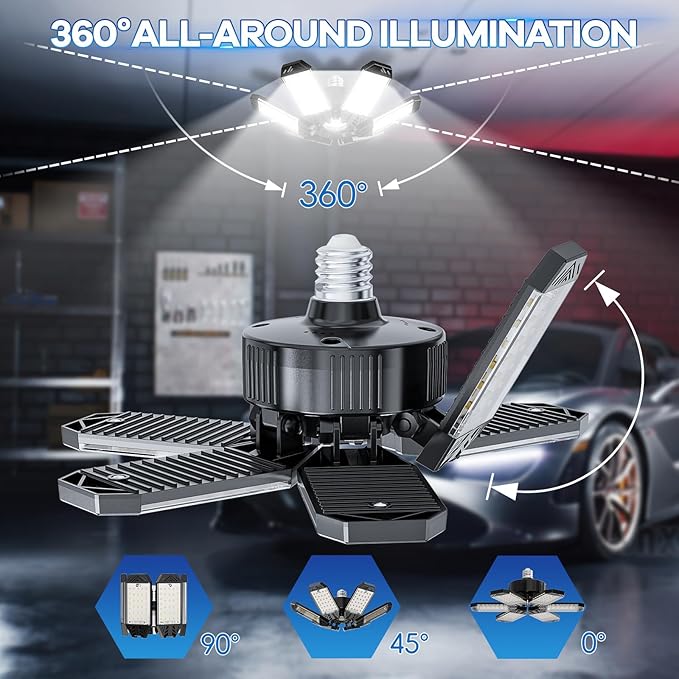 Garage Light 2 Pack - 200W 20000LM Garage Lights Ceiling LED 6500K with 6+1 Deformable Panels, Screw in E26/E27 Bulb Socket LED Shop Lights for Workshop Barn Basement Gym Bay Lighting
