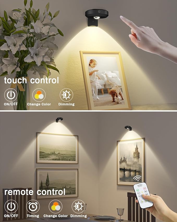 WILLED Picture Lights for Wall, 1200mAh Rechargeable Battery Operated Picture Frame lights, Puck Lights with Remote, Dimmable & Timer Art Lighting for Paintings Wireless, Magnetic Gallery Light/3 Pack