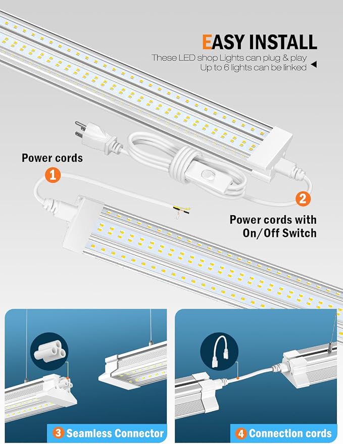 Commercial-grade 10000LM 5000K 60W Linkable 4 Foot Led Shop Lights for Shop | Upgrade Super Bright 4 Pack Hanging&Surface Mount 4' Linkable 4FT Led Shop Light Fixture for Workshop Garage Workbench