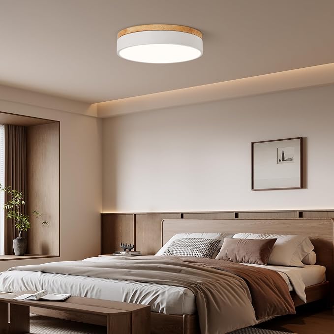 12" Minimalist White and Wood LED Flush Mount Ceiling Light Fixture | Natural Wood Accent, Integrated LED, 5CCT Before Installation, Slim Low-Profile Design, Minimalist Modern Style, Compact Size