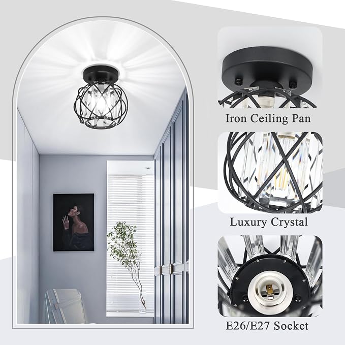 Hallway Ceiling Light fixtures,Flush Mount Ceiling Light Fixture E26 Ceiling Lighting with Crystal Small Chandelier Indoor Lighting for Foyer Entryway Bedroom Bathroom Closet Living Room