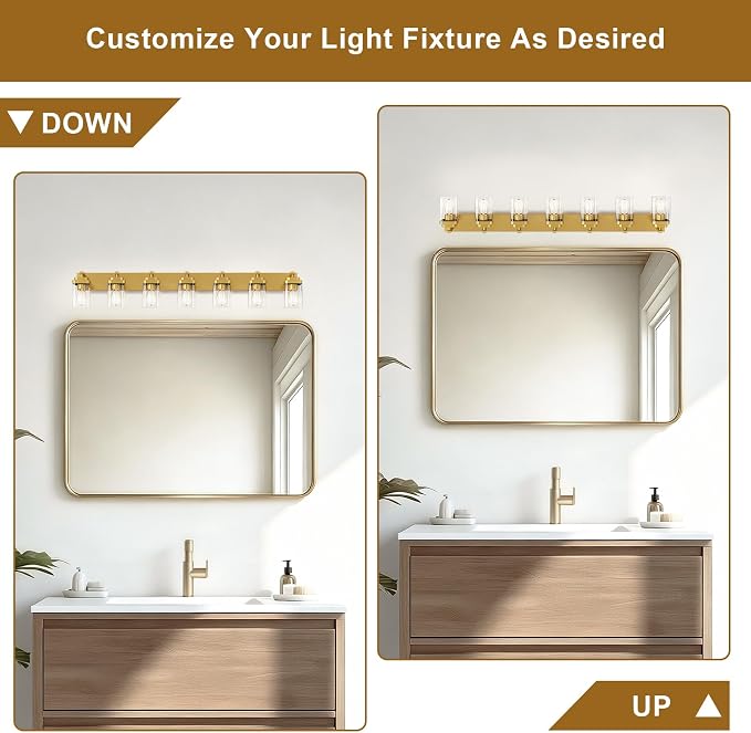 Brushed Gold Bathroom Light Fixtures, 7 Lights Bathroom Lighting Fixtures Over Mirror, Square Design & Rectangle Large Backplate, Modern Vanity Lighting Fixtures, for Living Room/Bedroom
