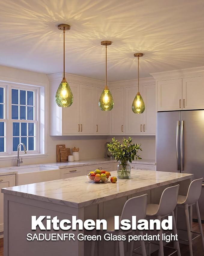 Brushed Gold Pendant Lights Kitchen Island 2 Pack, Modern Glass Pendant Light Fixtures with Hammered Green Glass and Rods, Adjustable Brass Hanging Light for Kitchen Sink Dining Room Bathroom