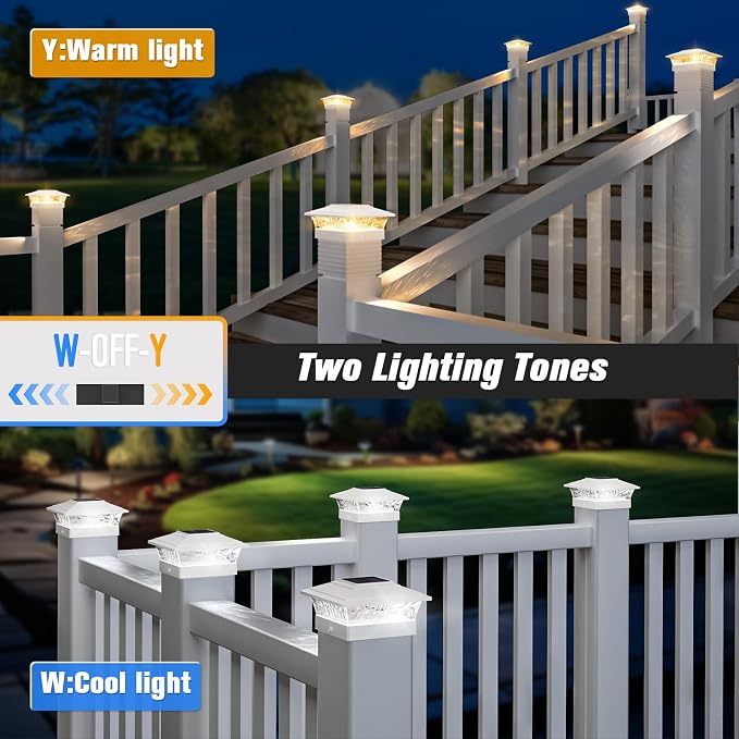 Solar Post Cap Lights Outdoor 6pack, Waterproof Solar Powered Deck Fence Post Lights Fit 4x4/5x5/6x6 Wood/Vinyl Posts, White Vinyl Fence Post lights with Warm/Cool White for garden, Patio, Porch, Deck