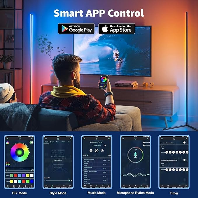 Corner Floor Lamp, LED Corner Lamp with Alexa & Google Home, App and Remote Control,16 Million DIY Colors & 68+ Scene, Music Sync, Color Changing Smart Ambient Light for Living Rooms, Bedrooms