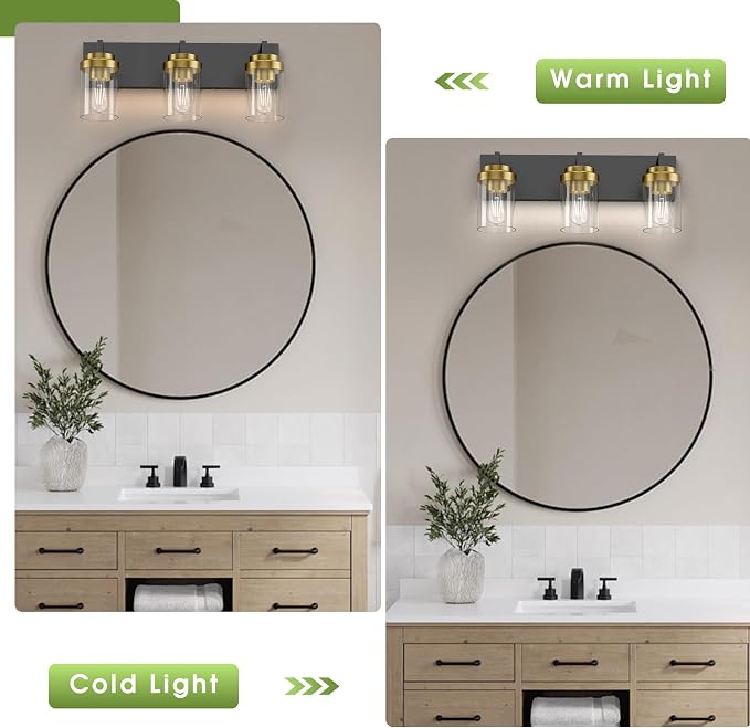 Bathroom Lighting Fixtures, 3-Light Bathroom Vanity Lights Over Mirror, Black and Gold Vanity Light with Glass Shade, Modern Vanity Lighting Fixtures for Bathroom, Bedroom, Hallway