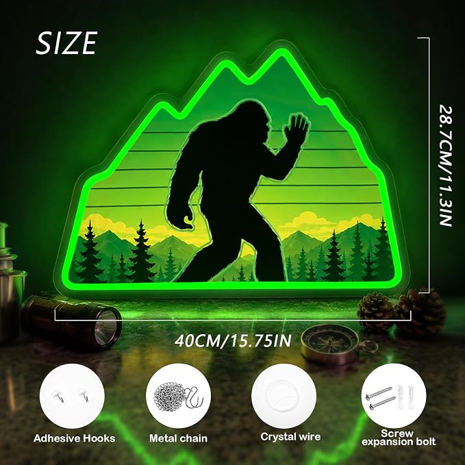 Bigfoot Neon Sign Green LED Sasquatch Neon Sign Forest Nature Room Decor | UV-Printed Sasquatch Neon Sign Dimmable Green Neon Light with Mountain Wilderness Design for Game Room Man Cave Bedroom Cabin