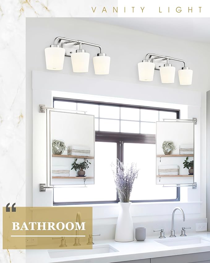 Bathroom Light Fixtures Over Mirror, 3-Light Brushed Nickel Vanity Lighting Fixtures with Milk White Glass, Vintage Farmhouse Wall Sconces Lighting, AD-22004-3W-SN