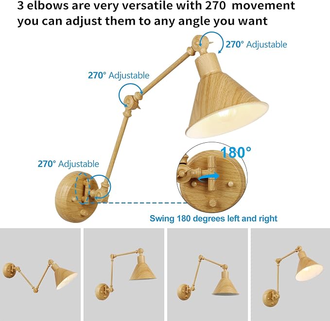 TRLIFE Wall Sconces Plug in, Dimmable Wall Sconces Set of 2 Swing Arm Wall Lights Plug in Wall Mounted Light Industrial Wall Lights with 6FT Plug in Cord, E26 Base, UL Listed(Oak Color)