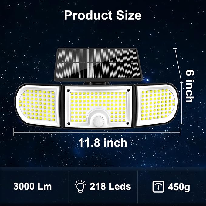 Solar Motion Sensor Lights Outdoor, 3000LM 3 Adjustable Heads Security Flood Light with Remote Control, IP65 Waterproof 270° Wide Angle Solar Wall Lights for Garage Yard Patio Driveway, 4 Pack