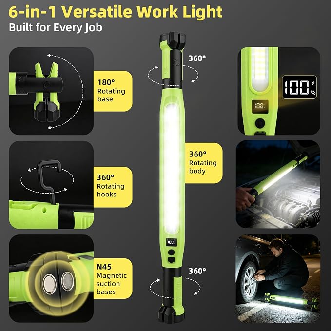YXQUA Under Hood Work Light, 3000LM IP66 Magnetic COB Cordless | 4 Modes, Red SOS, 360 Degree Swivel Hooks, Clamps, Type-C, for Mechanic, Vehicle Inspection, Garage, Workshop, Hands-Free