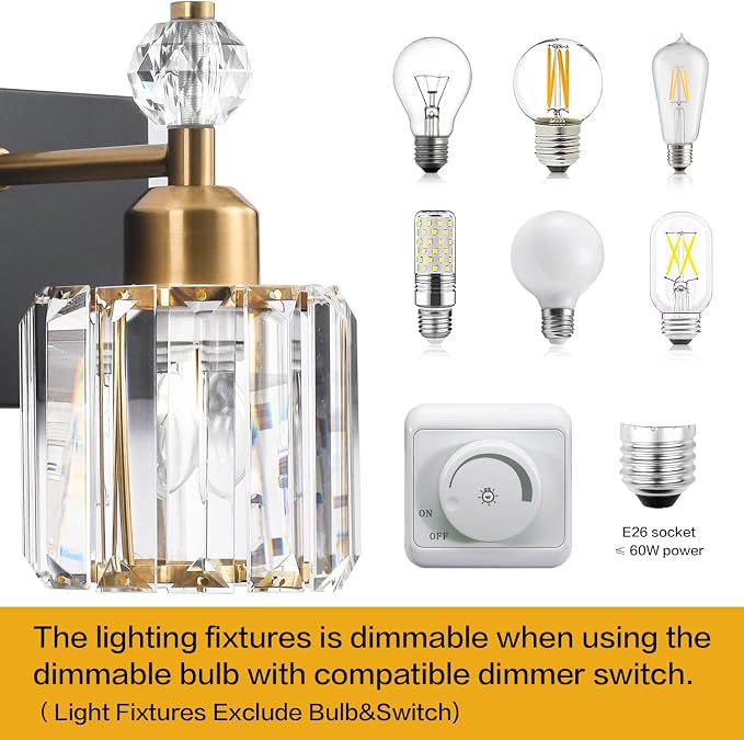 PRESDE Crystal 3 Light Bathroom Vanity Lights Black and Gold Bathroom Lights Fixtures Over Mirror Modern Bath Wall Lighting