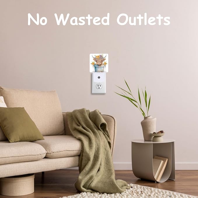 Night Light,Cartoon Highland Calf in Flower Pot Plug-in Night Light Auto Dusk-to-Dawn Sensor Energy Efficient LED Lamp for Room Decor,Hallway,Kitchen,Bathroom,Nursery,Stairs