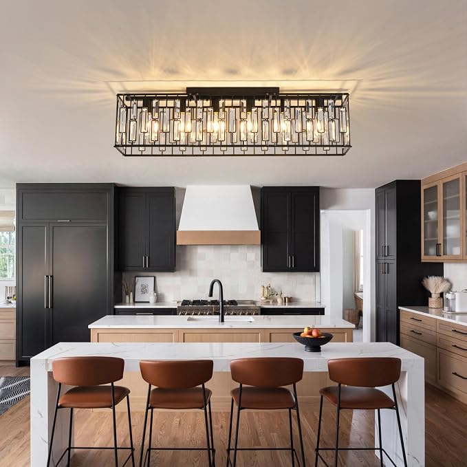 Garwarm 6-Light Crystal Flush Mount Ceiling Light, 38.7" Black Rectangle | Crystal Modern Chandelier Rectangular Dining Room Light Fixture for Low Ceiling, Kitchen Island, Living Room, Foyer, Entryway