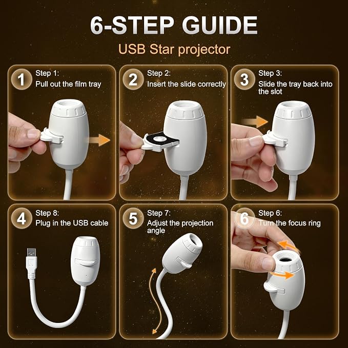 Galaxy Projector Night Light, 2-in-1 USB Star Lamp Kids Gift for Bedroom | Adjustable Brightness, Car & Room Wall Ceiling Decor - 12 Films