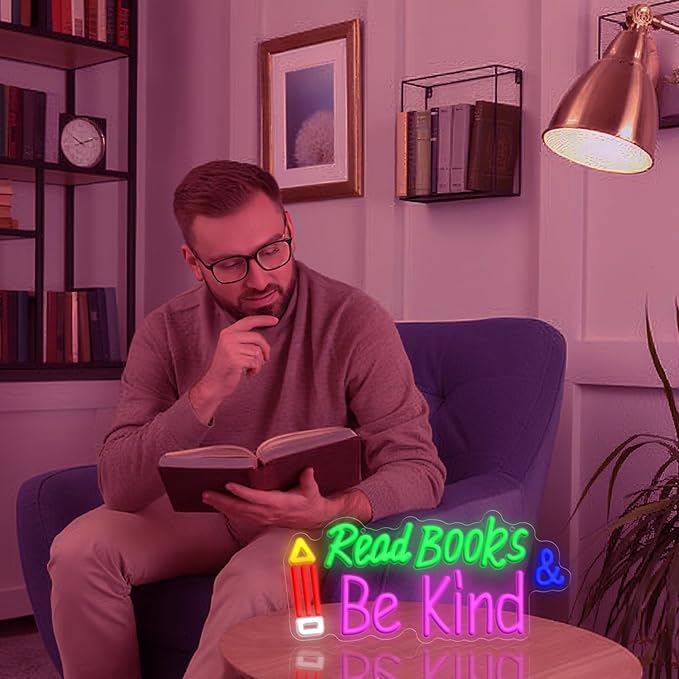 Read Books and Be Kind Neon Sign, Adjustable Pencil Neon Light Student LED Neon Light, Colorful Neon Light Up Sign for Classroom Bookstore Library Study Room 15.35 x 7.09 inch