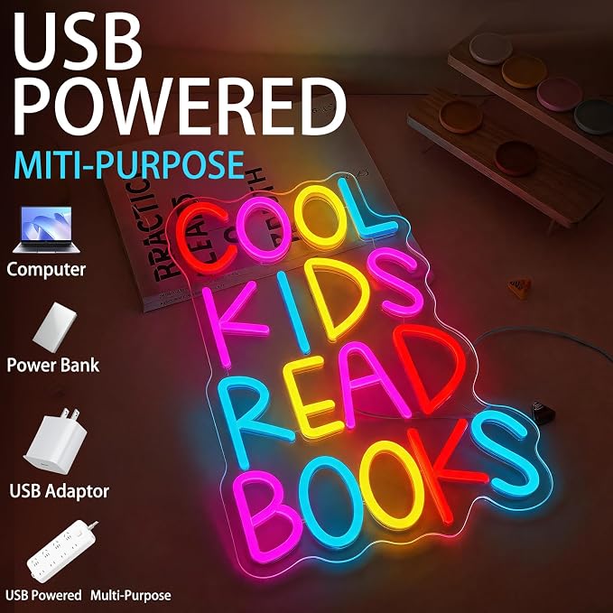 Cool Kids Read Books Neon Sign for Wall Decor Letter Reading Books Neon Light USB Dimmable Classroom LED Light Up Sign for Reading Corner Library Classroom Bedroom Decor