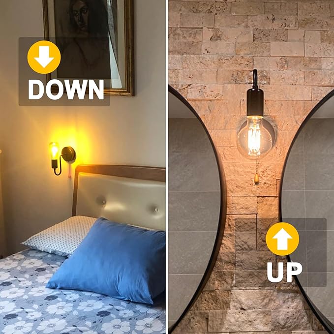 Pull Chain Wall Light Fixture 1-Light Wall Sconce with On Off Switch Hardwired Black Wall Sconces Indoor Vintage Industrial E26 Wall Lighting for Bedroom Hallway Bathroom, Bulb not Included
