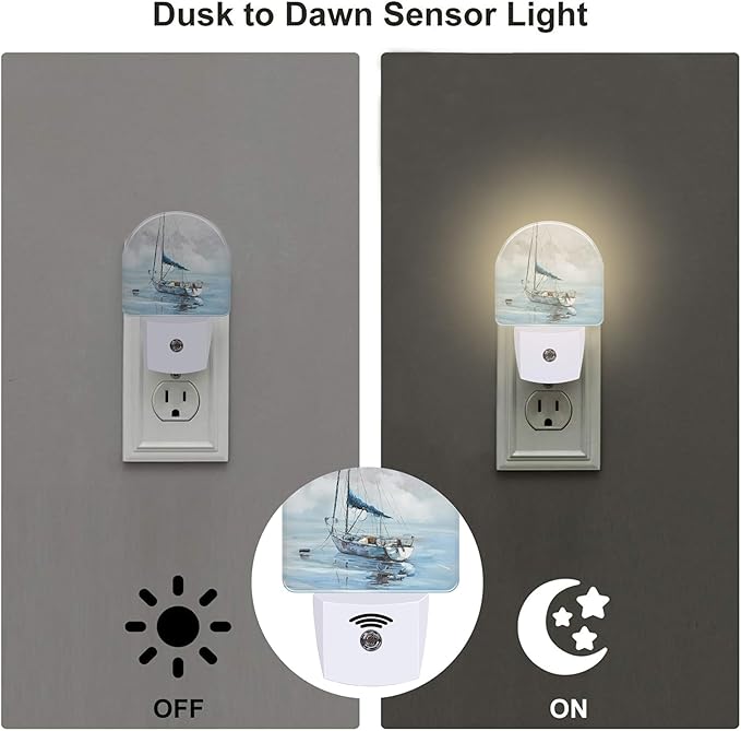 Blue Sailboat in Harbor Night Light Plug into Wall, Boat Ocean Oil Painting Dusk to Dawn Night Light Plug in,0.5w Energy Saving Sleep Friendly NightLight for Kids Boys Girls Home Decor