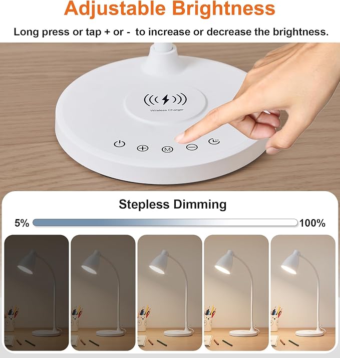 BOHON LED Desk Lamp for Home Office with USB C Charging Wireless Charger | 5 Colors, Stepless Dimming Desk Light Timer Reading Light Touch Bedside Table Lamp for College Dorm Room