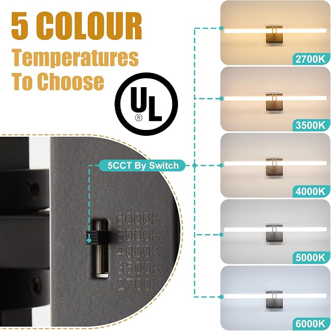 Black Bathroom Light Fixture LED Vanity Light 22" Wall Sconce | 5CCT Dimmable Wall Light, Modern 360° Lighting, 18W Hardwired Vanity Light for Bathroom, Flicker-Free