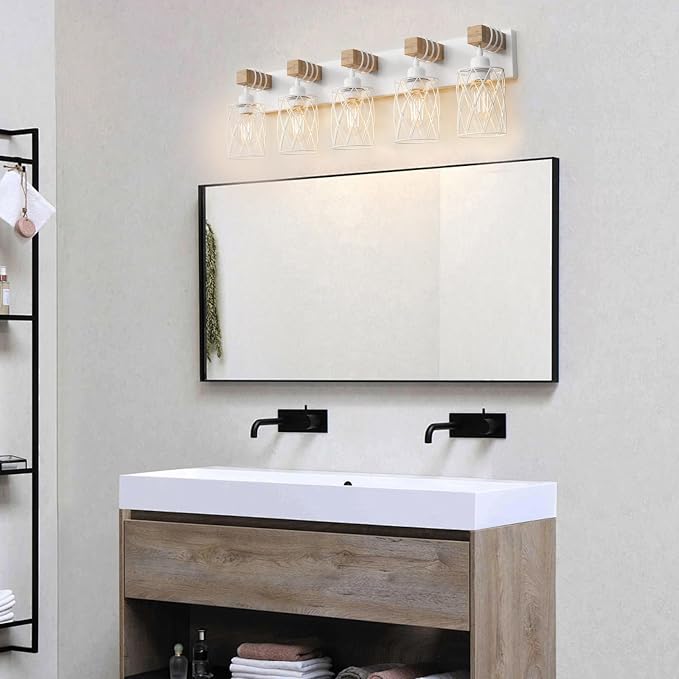 IZORRO Farmhouse Bathroom Vanity Light, 5-Light Wood Bathroom Light Fixtures Over Mirror, Matte White Industrial Vanity Lights with Metal Shade, Rustic Restroom Lighting Fixtures