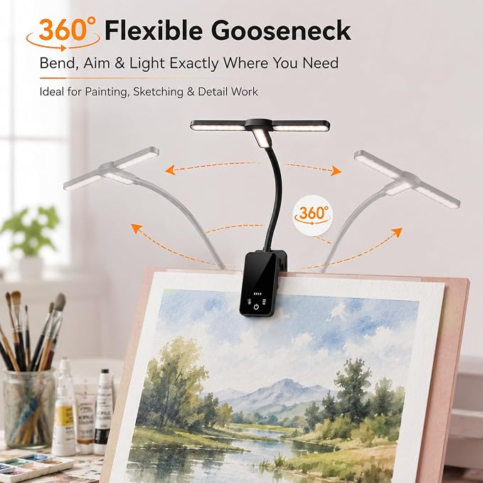 2 Pack Clip-On Easel Light, Rechargeable Artist Lamp for Painting | Flexible Arm Reading Light with 4 Color Modes & 3 Brightness, Music Stand Light, for Piano Bed Reading Desk Puzzle
