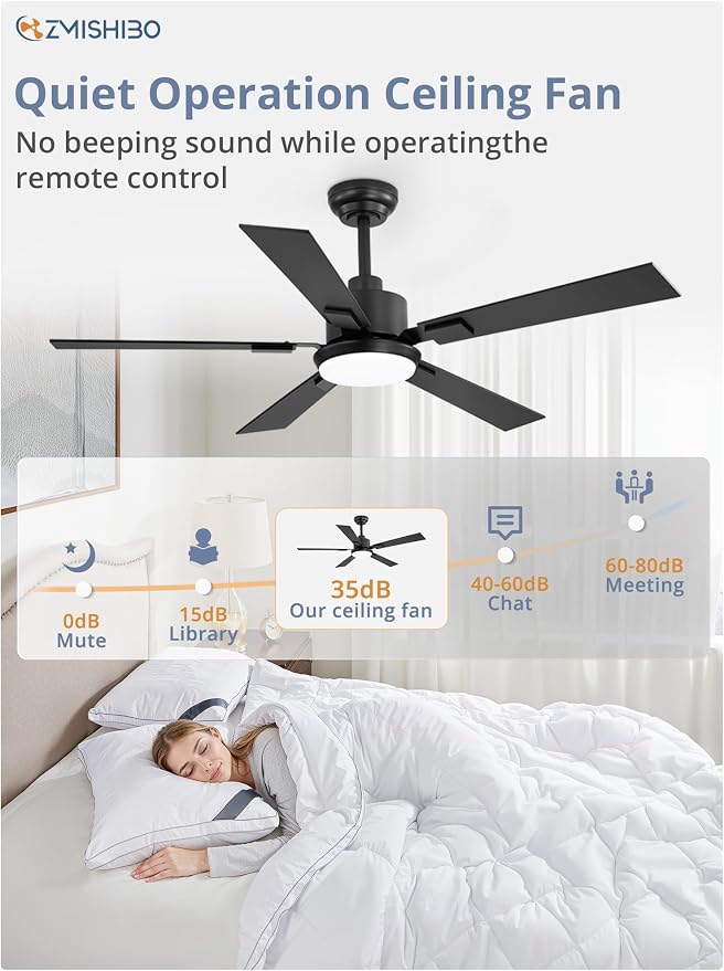 ZMISHIBO 52" Ceiling Fans with Lights for Bedroom, Living Room, Remote | High CFM Powerful Airflow, Quiet DC Motor, 3 CCT LED, Indoor/Covered Outdoor, Dual-Finish, Damp Rated, Black