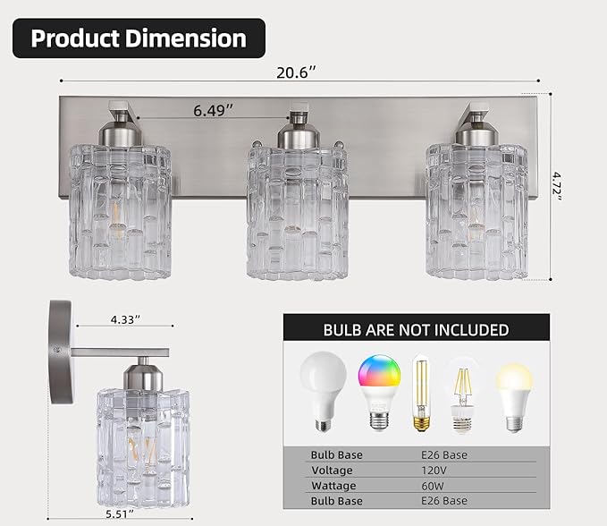 3-Light Crystal Bathroom Vanity Light Over Mirror, Nickel Modern Wall Light Fixture for Bathroom, Living Room, Bedroom, Hallway