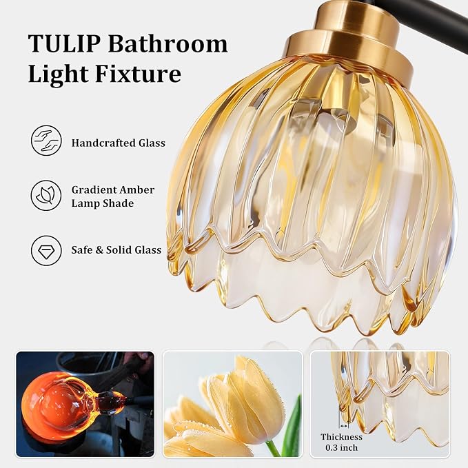 TALOYA Black Gold 4-Light Bathroom Vanity Light with Amber Tulip GlassShade | Modern Vanity Lighting Fixtures, Bathroom Lights Over Mirror, Wall Mount Mirror Light Fixtures for Bathroom Hallway Bedroom