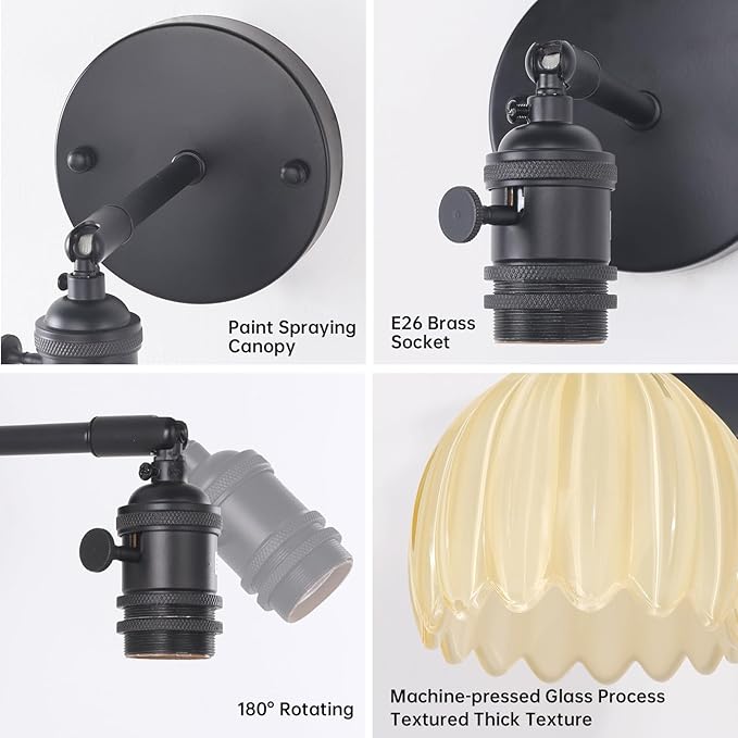 Vintage Wall Sconce Set of 2 - Rechargeable Battery Powered with Remote Control, Pastel Yellow Tulip Glass Lampshade (5000mAh) for Bedroom/Doorway