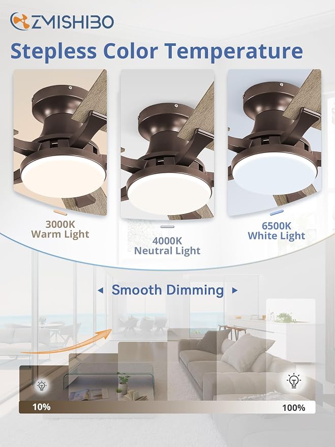 ZMISHIBO 60 Inch Ceiling Fans with Lights, Remote&App Control, Flush Mount | Low Profile, Dimmable 20W LED Light, Quiet Reversible Motor, Strong Airflow, Easy Install for Bedroom/Living Room/Apt, Brown