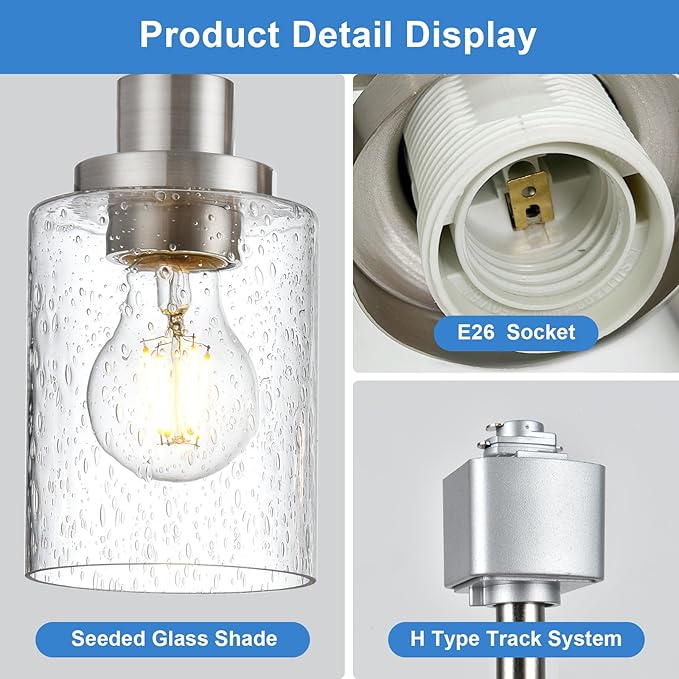 4 Pack H Track Lighting Heads Brushed Nickel Track Lighting Fixtures with Bubble Glass, Multi-Directional Rotating H Type Track Light Replacement Heads E26 Modern Spotlight for Kitchen Island