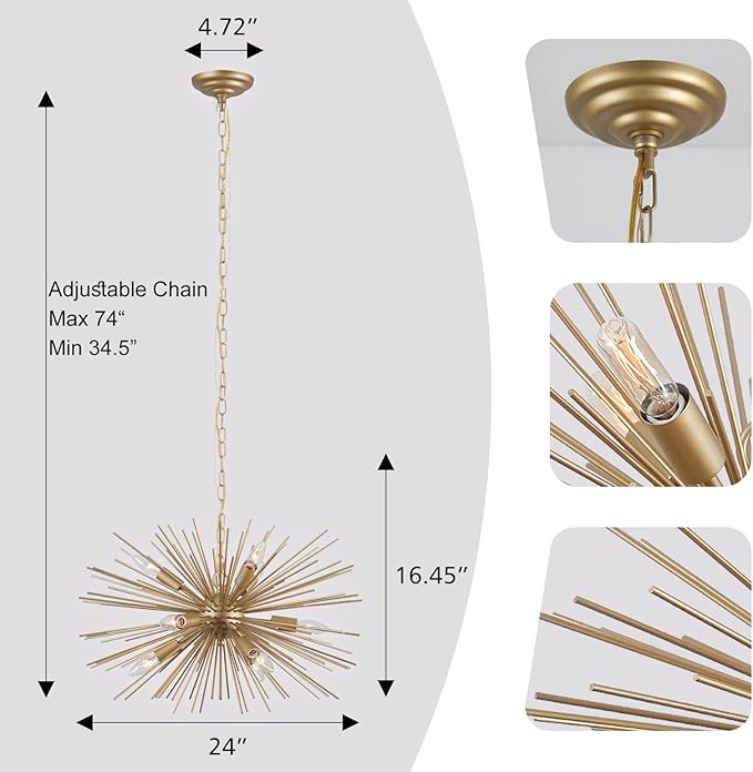 24" Modern Golden Sputnik Chandelier 9-Lights Mid-Century Modern Luxury Starburst Chandelier Gold Solid Metal Satellite Sputnik Chandeliers for Dining Room, Kitchen, Bedroom, Living Room