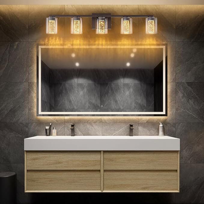 SineRise 5-Light Bronze Vanity Light with 3 Color Modes (3000K/4000K/6000K), Eye Protection LED Bathroom Light Fixture, Dimmable Modern Wall Light Over Mirror with Clear Glass Shade