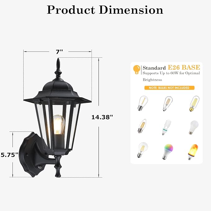 GRUENLICH Outdoor Wall Light Fixture, Rustproof Aluminum, Glass | Dusk to Dawn Exterior Porch Light Wall Sconce Lantern for House, Patio, Garage, Waterproof, E26 Socket 60W Max, Black, 2 Pack
