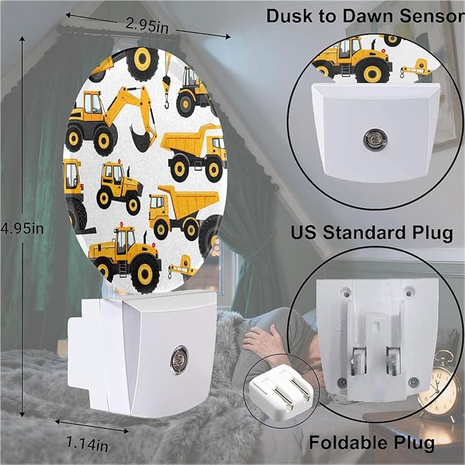 Mugod Yellow Construction Vehicles Pattern Plug-in Nightlights Cute Cartoon Night Light Plug into Wall with Dusk-to-Dawn Sensor LED Lighting 0.5W Sleep-Friendly