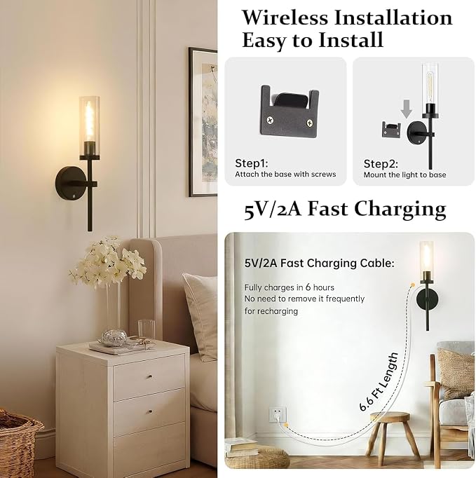 Shenmoyl Battery Operated Wall Sconces Set of 2, Black Rechargeable Wall Lighting Fixtures, Dimmable Wall Lights with Remote & Clear Glass Shade for Living Room, Bathroom,Bedroom