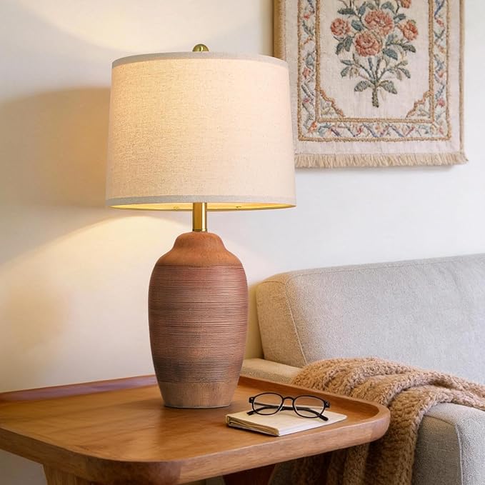 24.5" Reddish-Brown Handcrafted Ceramic Table Lamp with 5FT Cord,Single Farmhouse Vintage Rustic Lamp with Linen Drum Shade, Earth Tone Bedside Lamp for Bedroom Living Room Entryway,Bulb Not Included