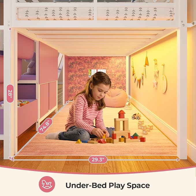 ADORNEVE Low Loft Bed Twin Size with Bookshelf, Reading Nook & 3 Drawers | Purple Kids Loft Bed, LED Light, Storage Drawers, Under-Bed Play Space,Safety Guardrail, Inclined Ladde, Play Curtain