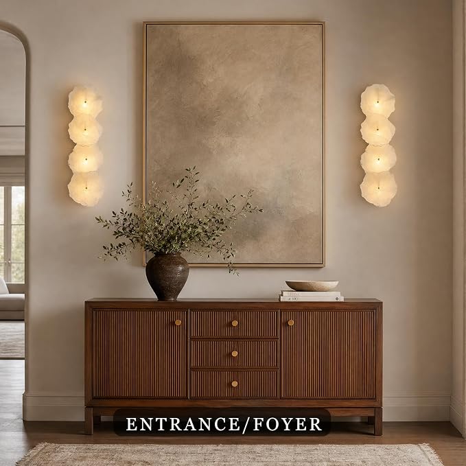 Alabaster Wall Sconce, 4-Light Luxury Spanish Natural Marble Wall Sconce, Brushed Gold Alabaster Sconces, Indoor Bathroom Sconces Wall Light for Foyer, Stairs, Dining Room, Art Deco(1 Pack