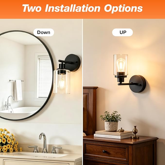 LEDVANCE Sylvania Bathroom Light Fixture with 1 Clear Glass Shade, Iron with Black Finish, E26 Medium Base, Vanity Lights for Bathrooms, Foyers, Entryways - 2 Pack (67970)