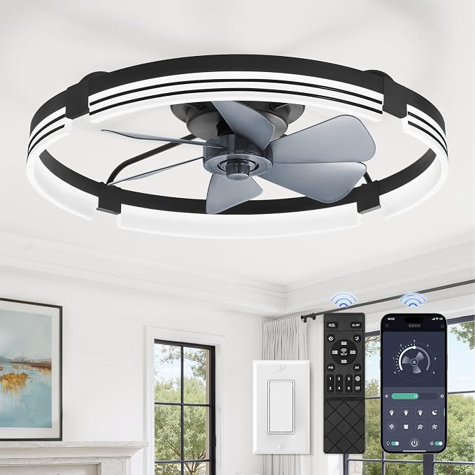 ZMISHIBO Low Profile Ceiling Fans with Lights and Remote, 24 “ Black | 3000K-6000K Dimmable Fandelier LED, Flush Mount, 6 Wind Speeds, Reversible, Timer, Bedroom, Living Room, Kitchen, Kids Room