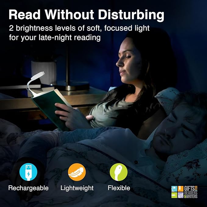 Gifts for Readers & Writers Rechargeable Book Light, Clip On Reading Light for Bed, 2in1 Flexilight & Bookmark, 12 Hours of Light Once Charged, Includes USB Cable & 2 LED Lights, White Flowers