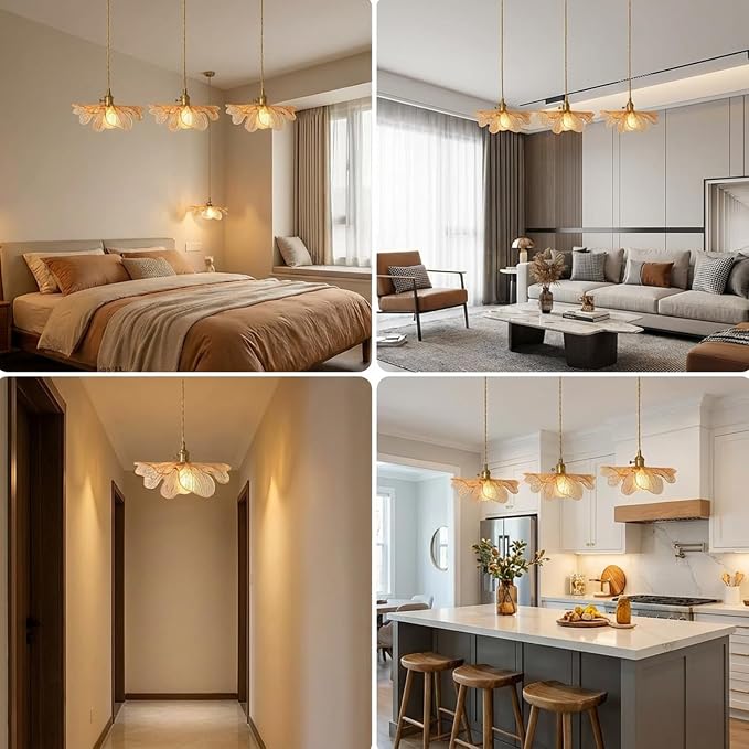 3-Light Vintage Petal Glass Ceiling Hanging Light Adjustable Gold Brass Chandelier Amber Glass Shade LED Linear Island Light for Dining Room Farmhouse, Indoor Cluster Lighting